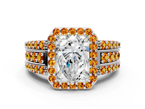 White gold Pear Cut Halo Diamond Ring with Round with Citrine side stone Split Shank and Prong Setting_24