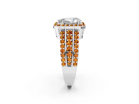 White gold Pear Cut Halo Diamond Ring with Round with Citrine side stone Split Shank and Prong Setting_26