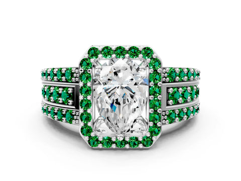 White gold Pear Cut Halo Diamond Ring with Round with Emerald side stone Split Shank and Prong Setting_12