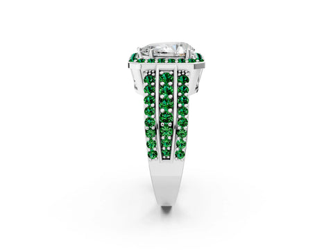 White gold Pear Cut Halo Diamond Ring with Round with Emerald side stone Split Shank and Prong Setting_14