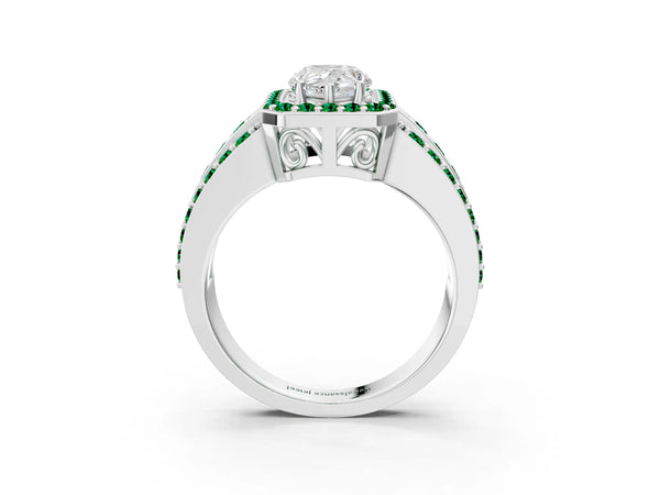 Platinum Pear-Shaped Halo Engagement Ring Setting with Lab-Grown Emerald Three Row Pave Band