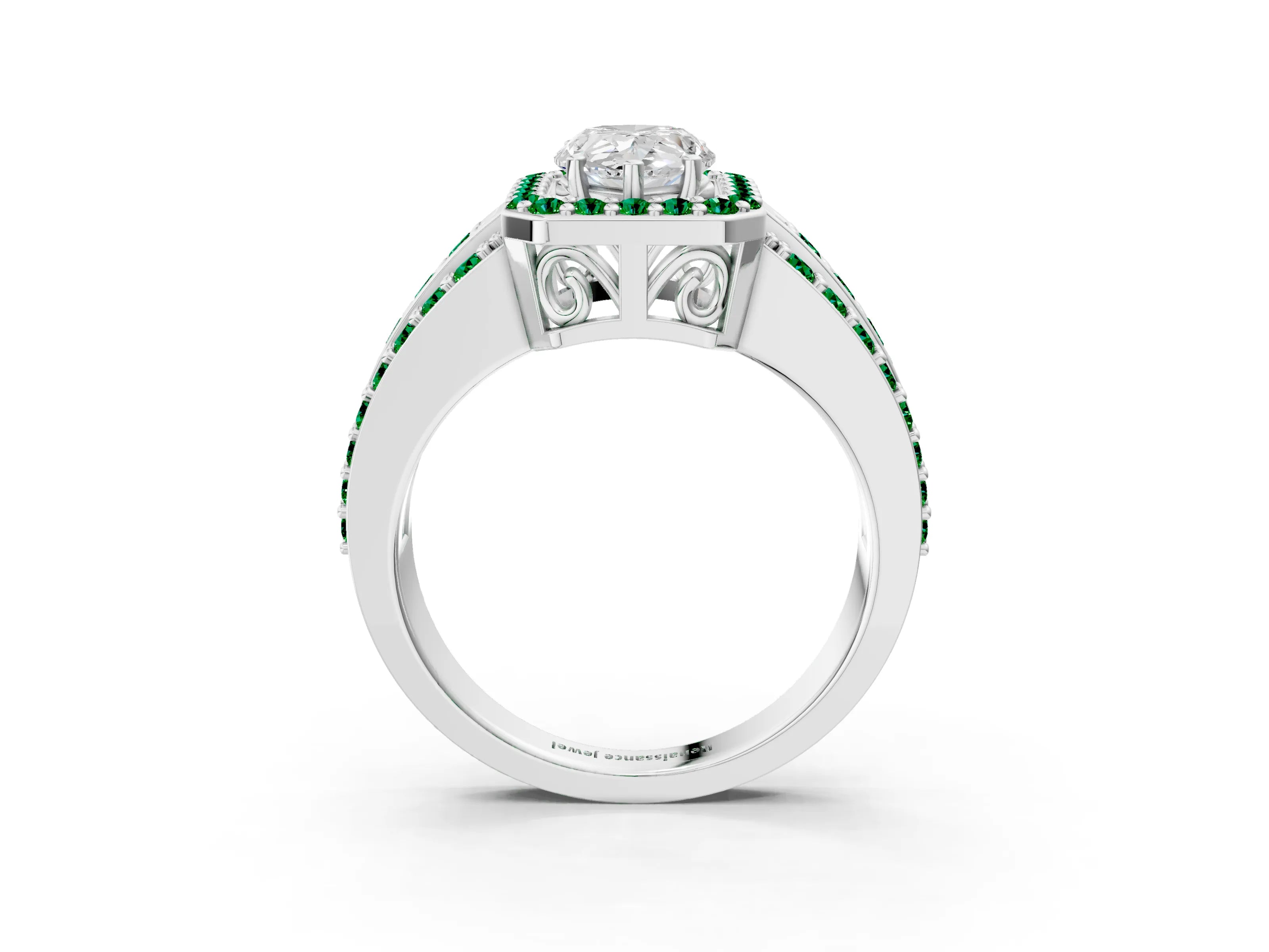 White gold Pear Cut Halo Diamond Ring with Round with Emerald side stone Split Shank and Prong Setting_15