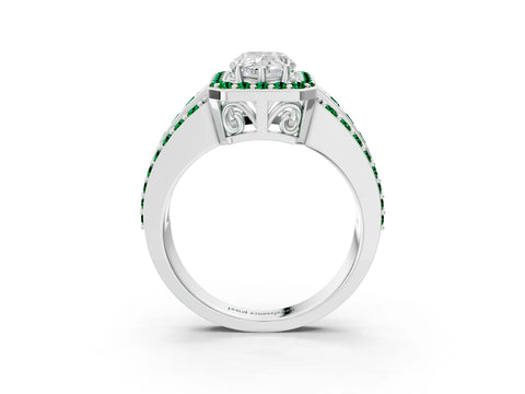 White gold Pear Cut Halo Diamond Ring with Round with Emerald side stone Split Shank and Prong Setting_15