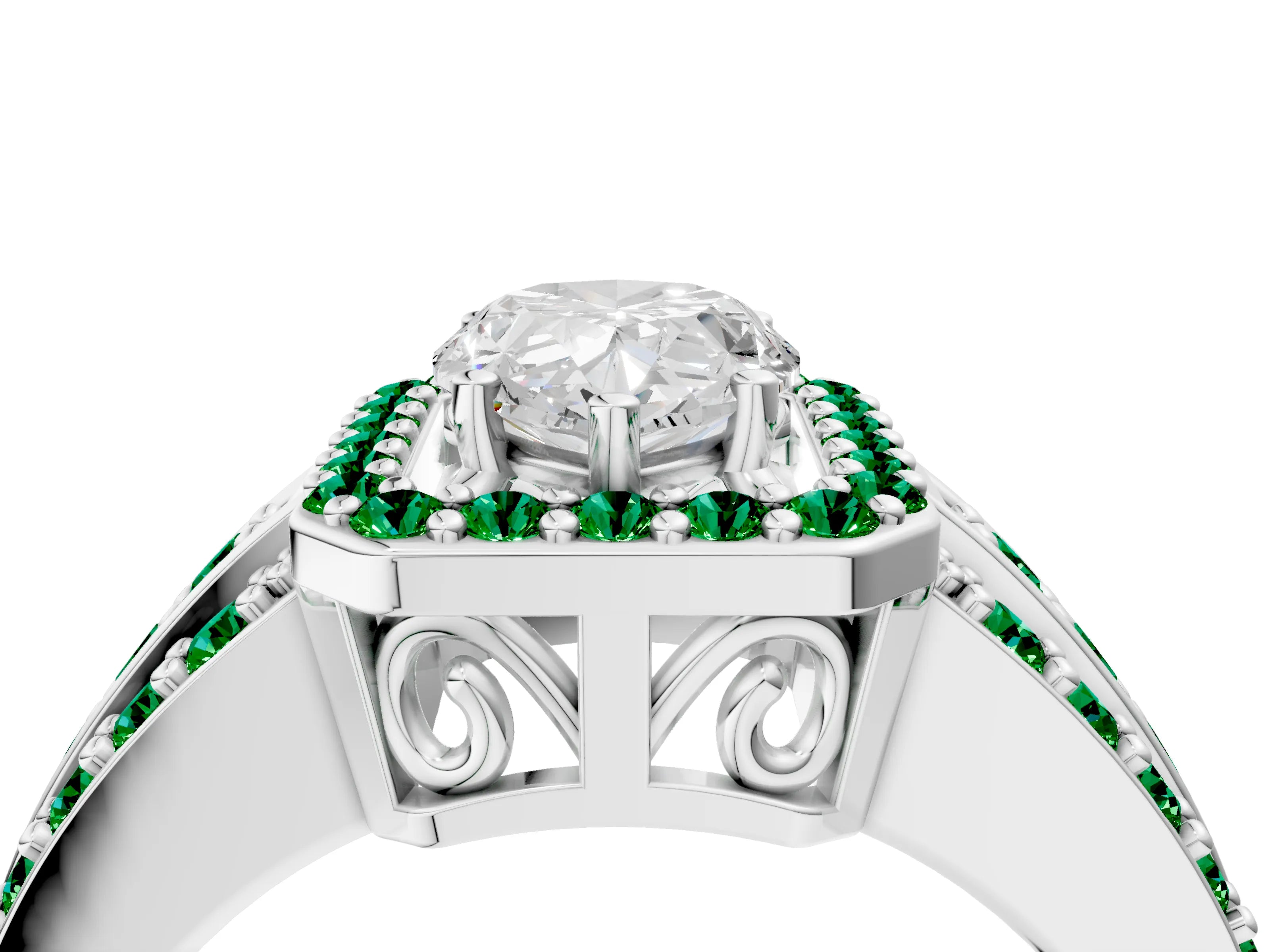 White gold Pear Cut Halo Diamond Ring with Round with Emerald side stone Split Shank and Prong Setting_16