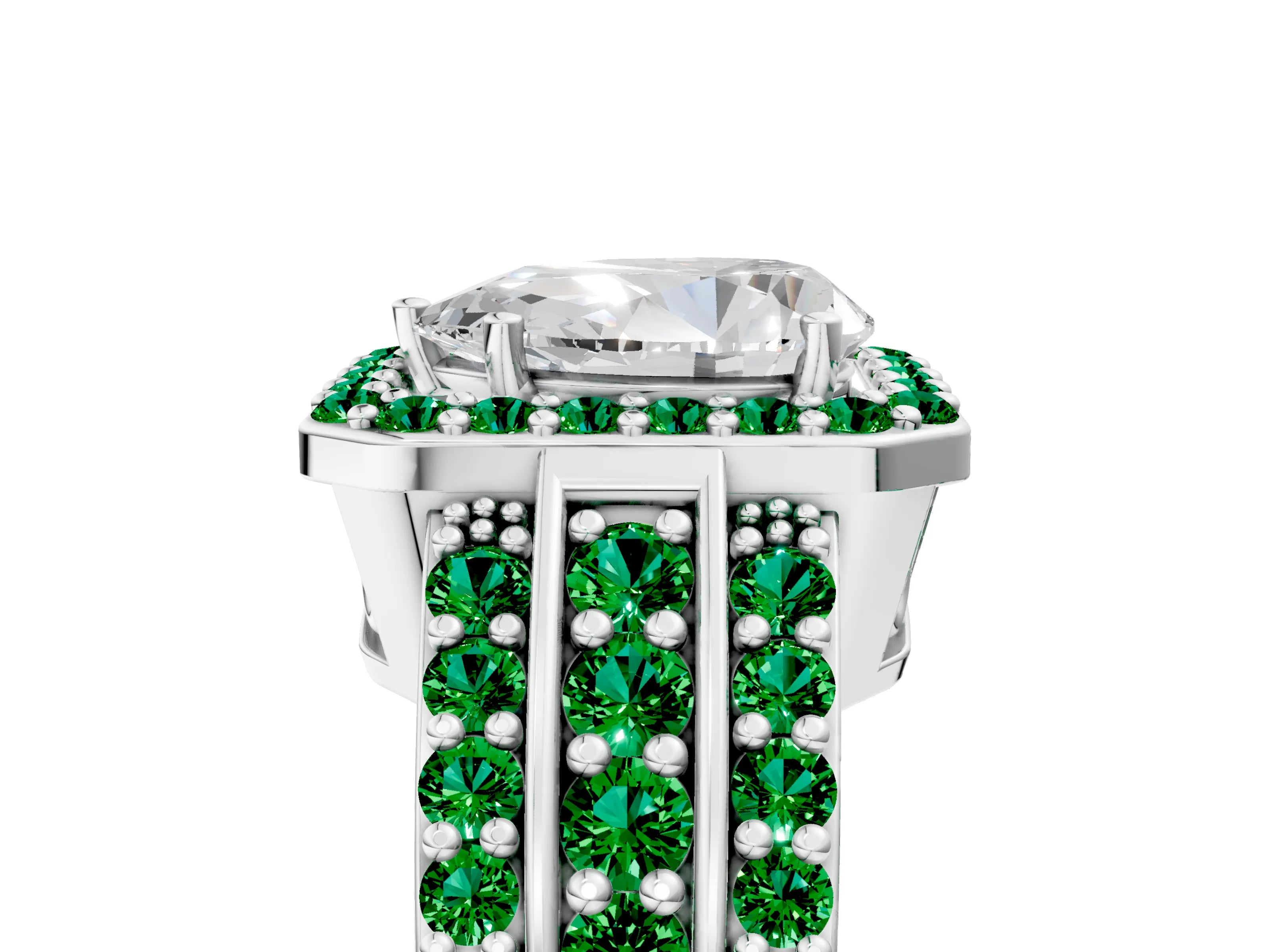 White gold Pear Cut Halo Diamond Ring with Round with Emerald side stone Split Shank and Prong Setting_17