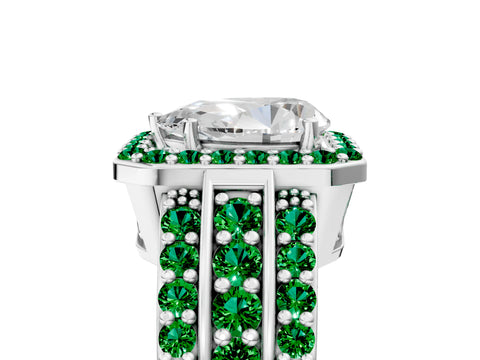 White gold Pear Cut Halo Diamond Ring with Round with Emerald side stone Split Shank and Prong Setting_17
