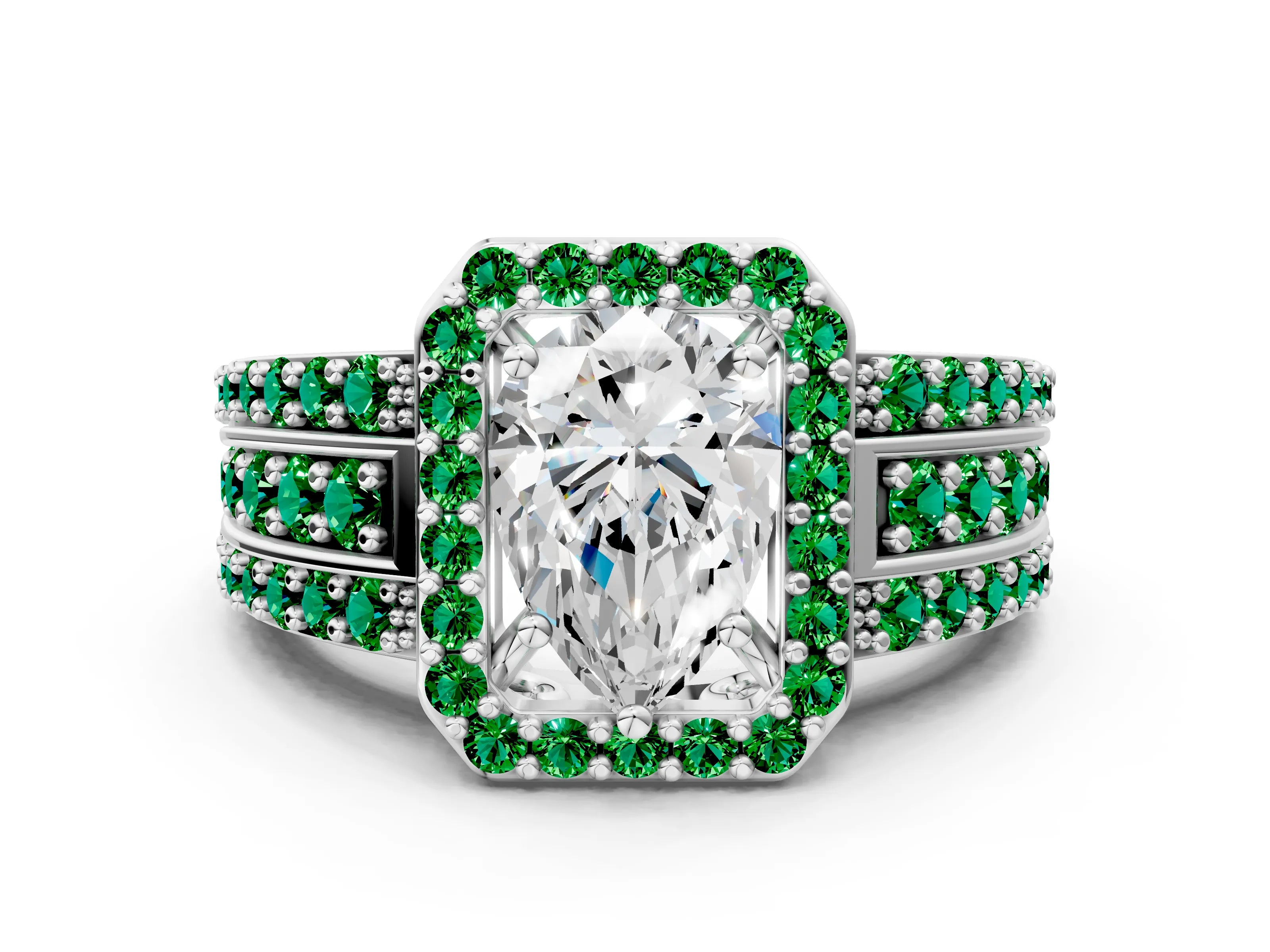 White gold Pear Cut Halo Diamond Ring with Round with Emerald side stone Split Shank and Prong Setting_48