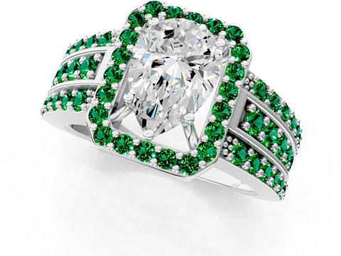 White gold Pear Cut Halo Diamond Ring with Round with Emerald side stone Split Shank and Prong Setting_49