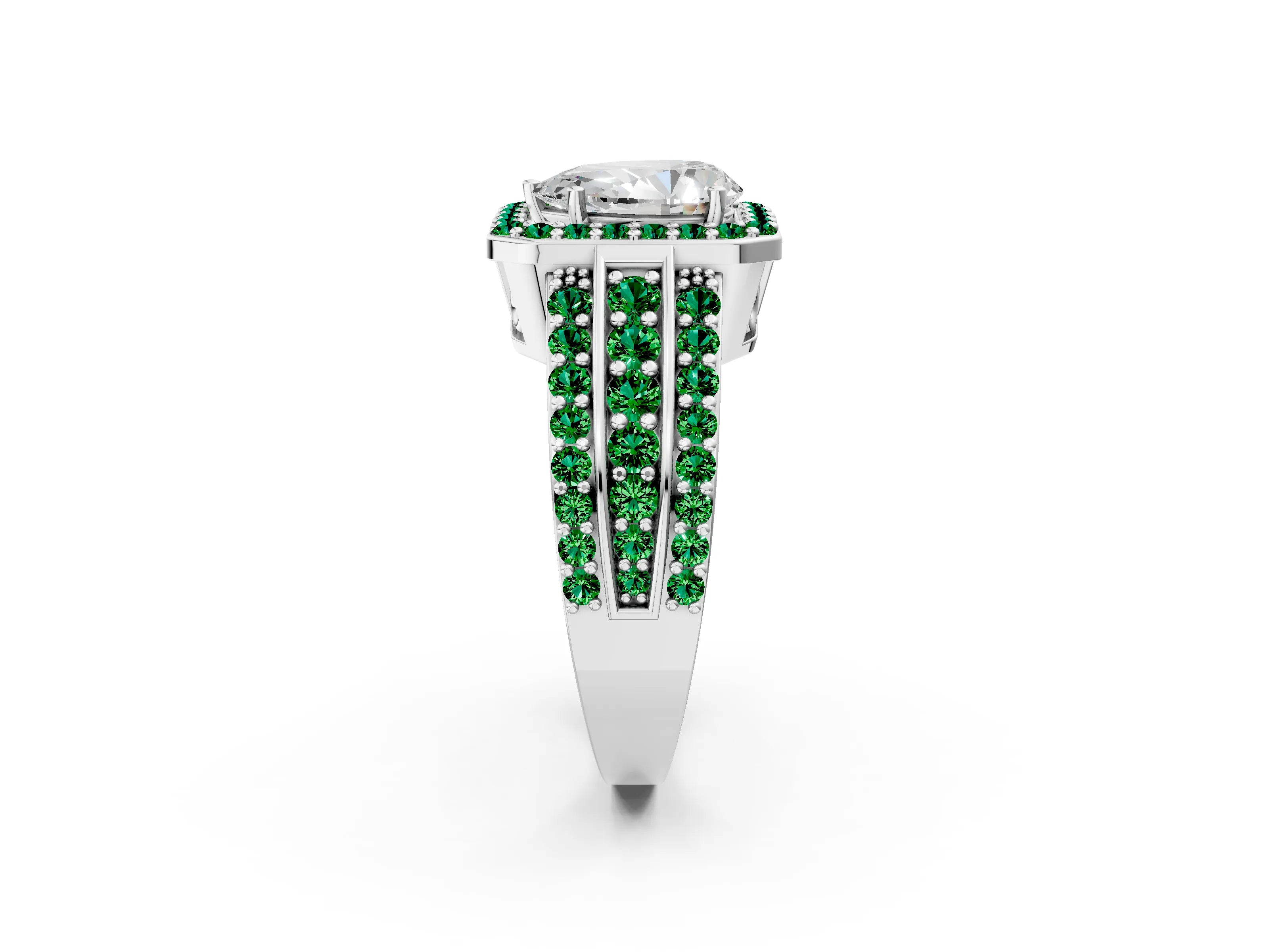 White gold Pear Cut Halo Diamond Ring with Round with Emerald side stone Split Shank and Prong Setting_50