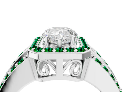 White gold Pear Cut Halo Diamond Ring with Round with Emerald side stone Split Shank and Prong Setting_52