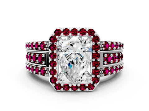 White gold Pear Cut Halo Diamond Ring with Round with Garnet side stone Split Shank and Prong Setting_12
