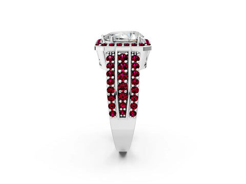 White gold Pear Cut Halo Diamond Ring with Round with Garnet side stone Split Shank and Prong Setting_14