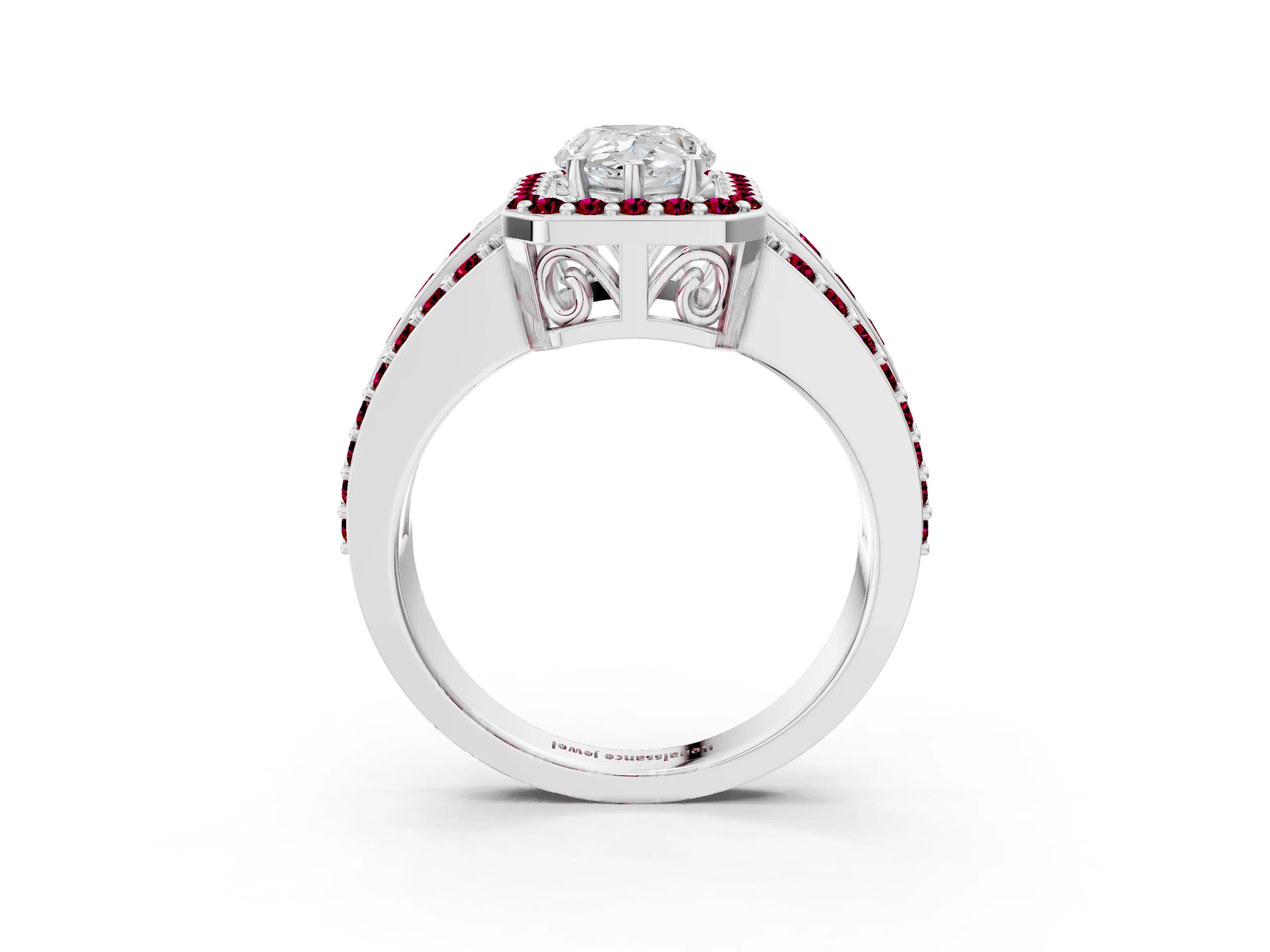 White gold Pear Cut Halo Diamond Ring with Round with Garnet side stone Split Shank and Prong Setting_15