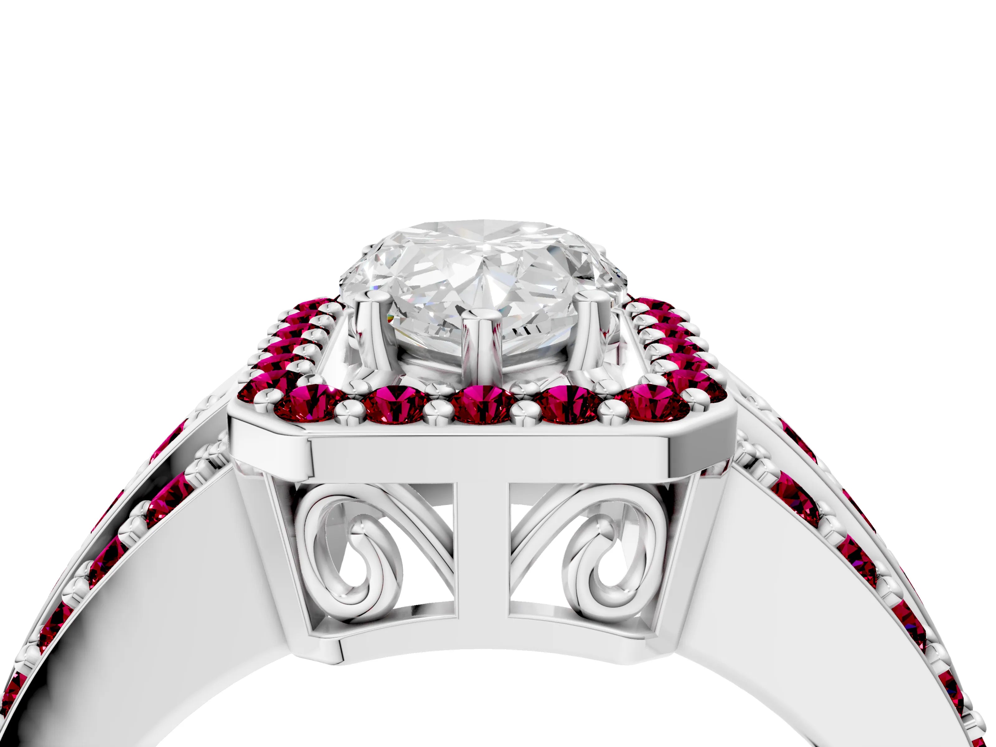 White gold Pear Cut Halo Diamond Ring with Round with Garnet side stone Split Shank and Prong Setting_16
