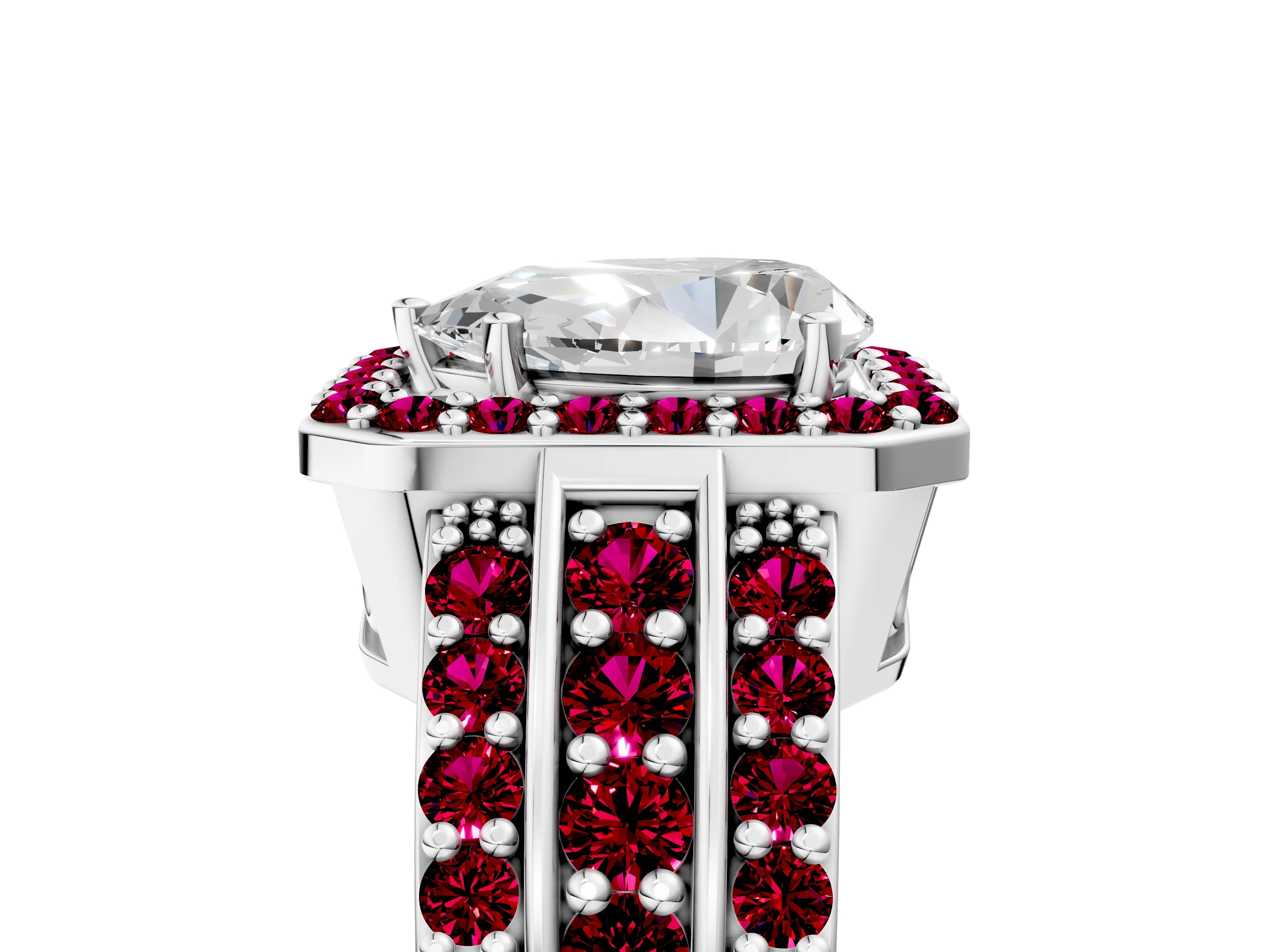 White gold Pear Cut Halo Diamond Ring with Round with Garnet side stone Split Shank and Prong Setting_17