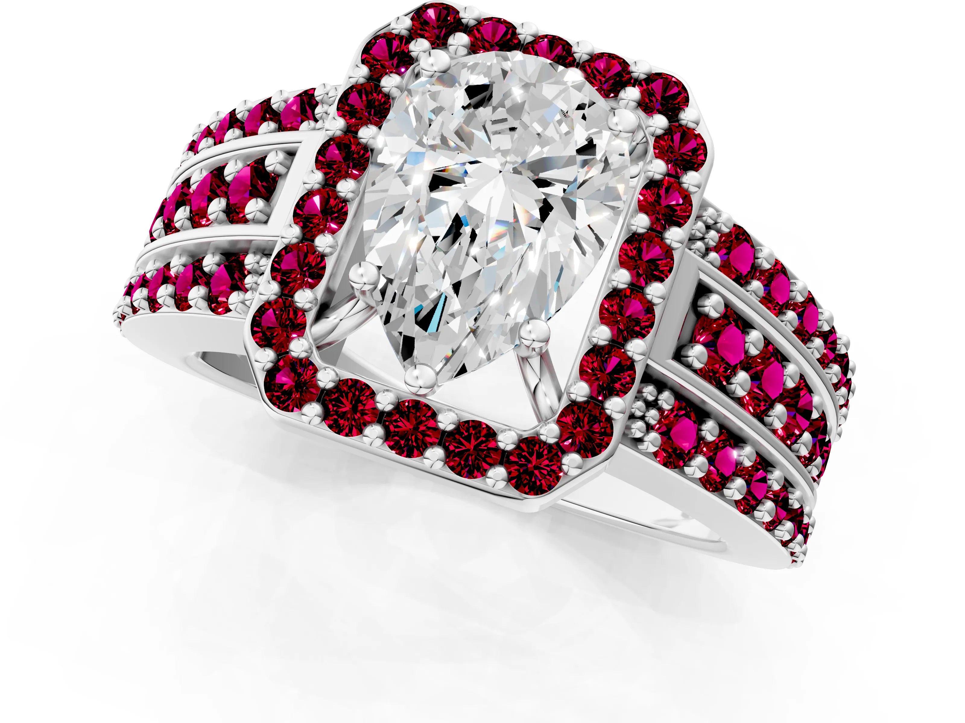 White gold Pear Cut Halo Diamond Ring with Round with Garnet side stone Split Shank and Prong Setting_37