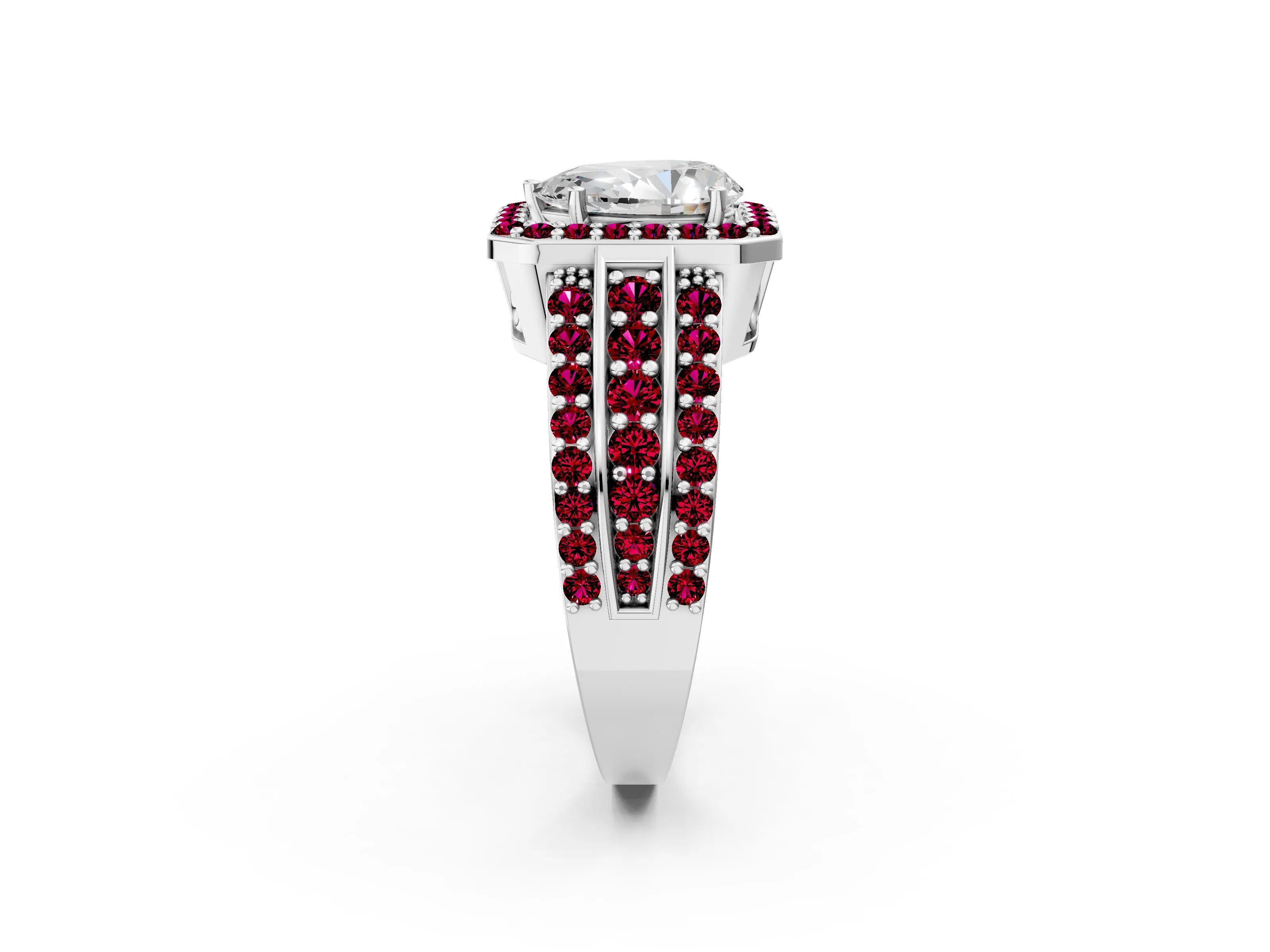 White gold Pear Cut Halo Diamond Ring with Round with Garnet side stone Split Shank and Prong Setting_38