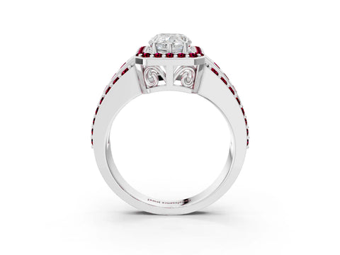 White gold Pear Cut Halo Diamond Ring with Round with Garnet side stone Split Shank and Prong Setting_39