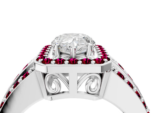 White gold Pear Cut Halo Diamond Ring with Round with Garnet side stone Split Shank and Prong Setting_40