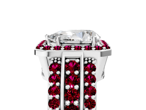 White gold Pear Cut Halo Diamond Ring with Round with Garnet side stone Split Shank and Prong Setting_41