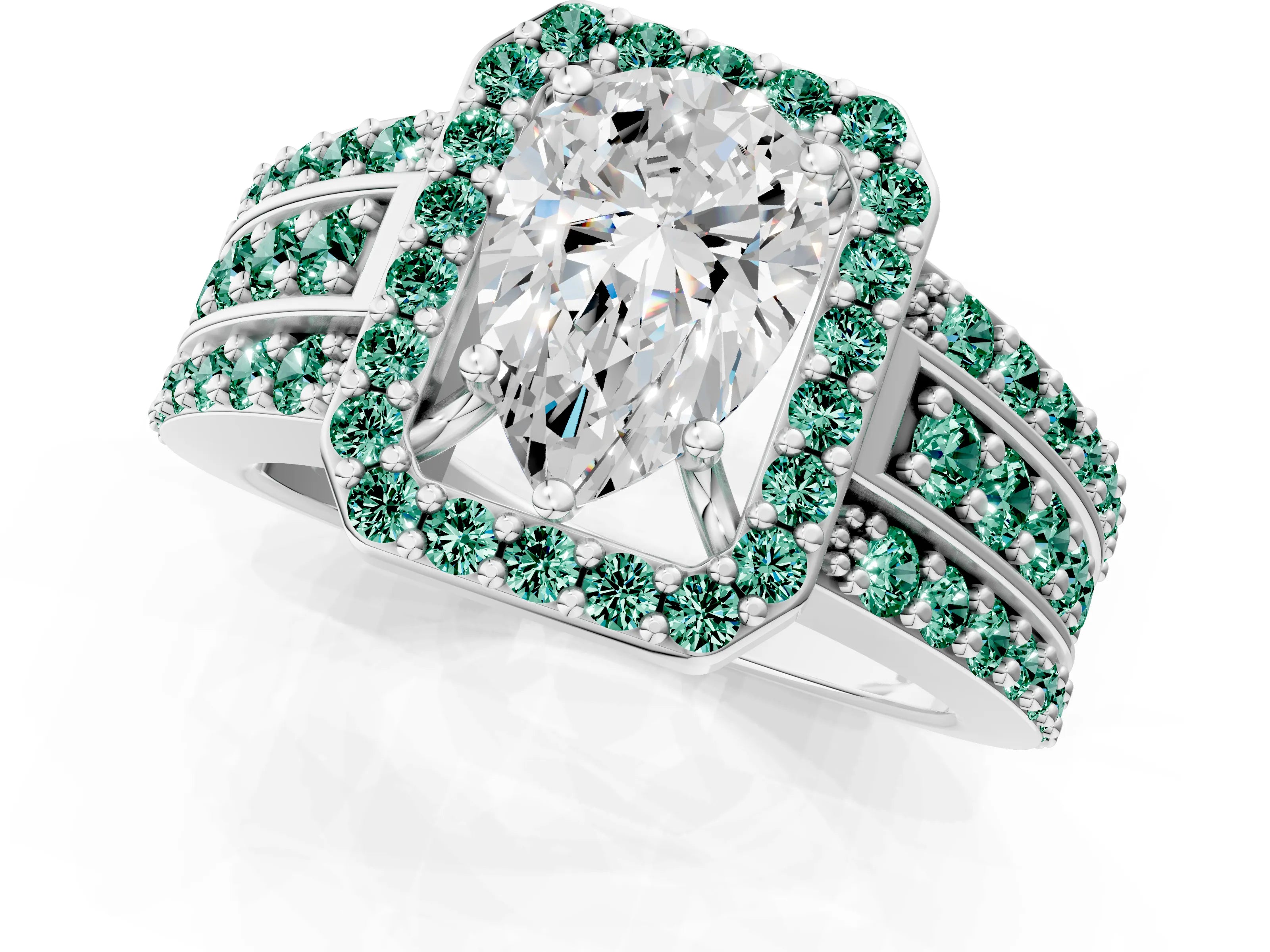 White gold Pear Cut Halo Diamond Ring with Round with Green Sapphire side stone Split Shank and Prong Setting_25