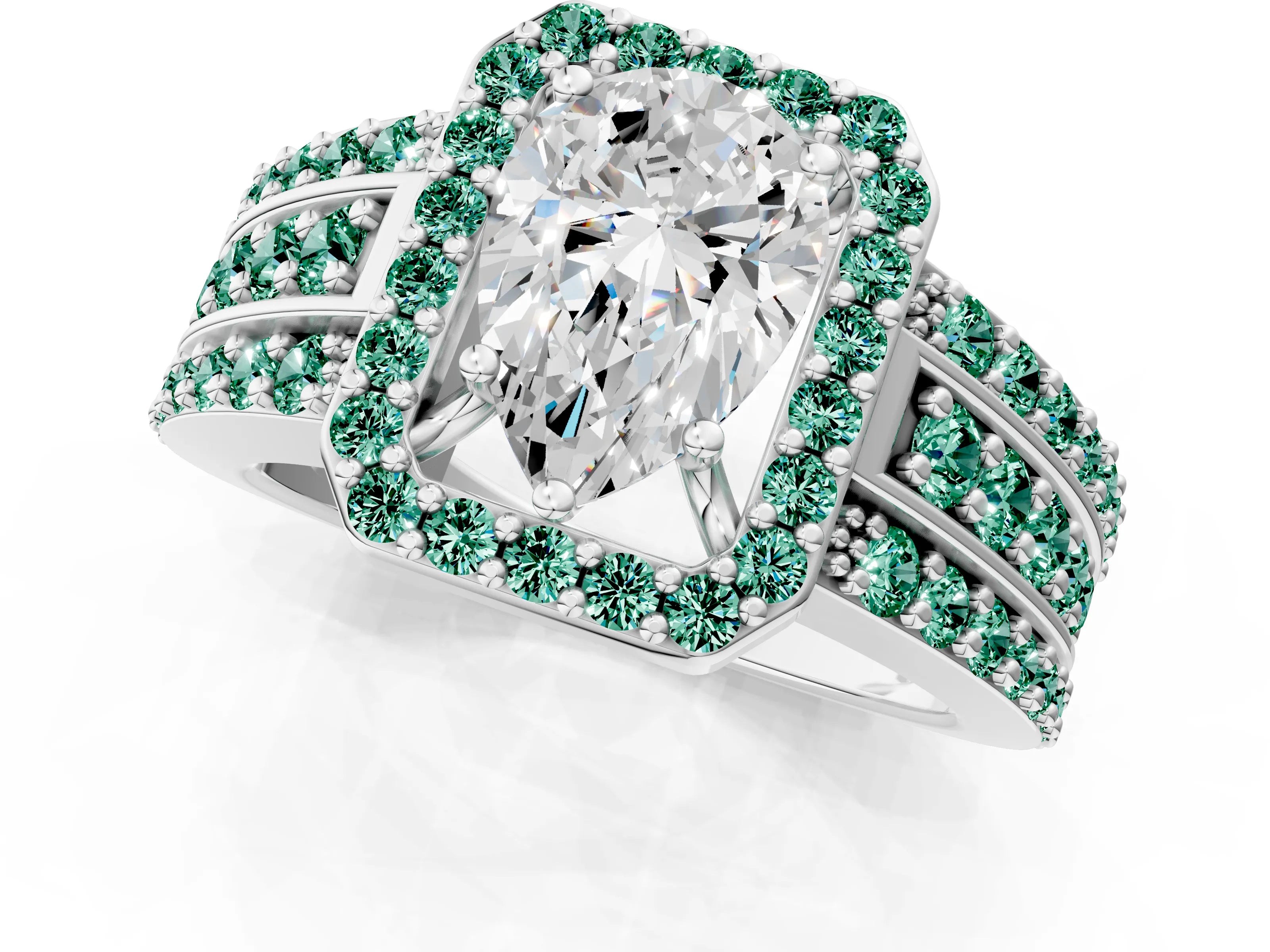 White gold Pear Cut Halo Diamond Ring with Round with Green Sapphire side stone Split Shank and Prong Setting_25