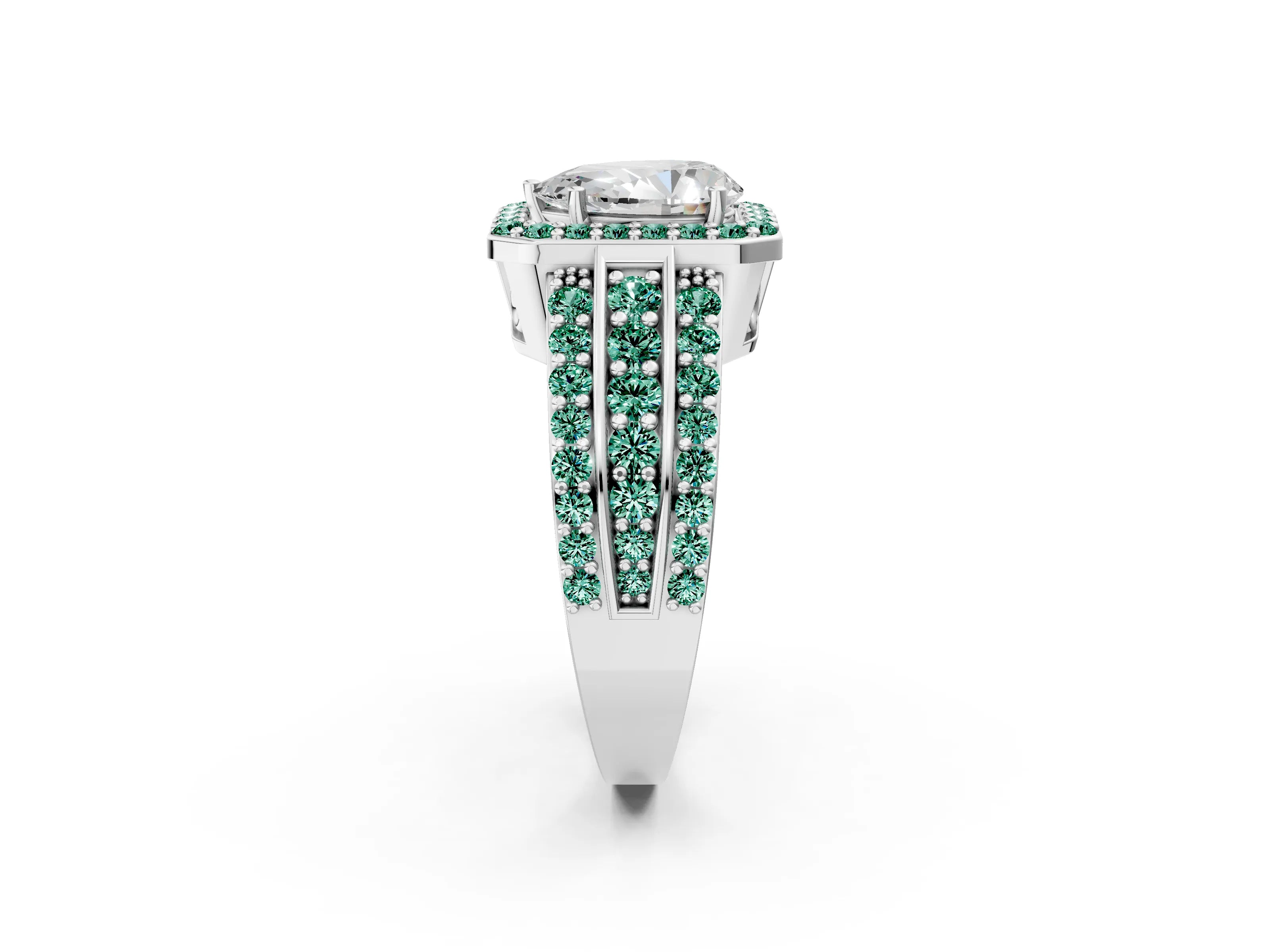 White gold Pear Cut Halo Diamond Ring with Round with Green Sapphire side stone Split Shank and Prong Setting_26
