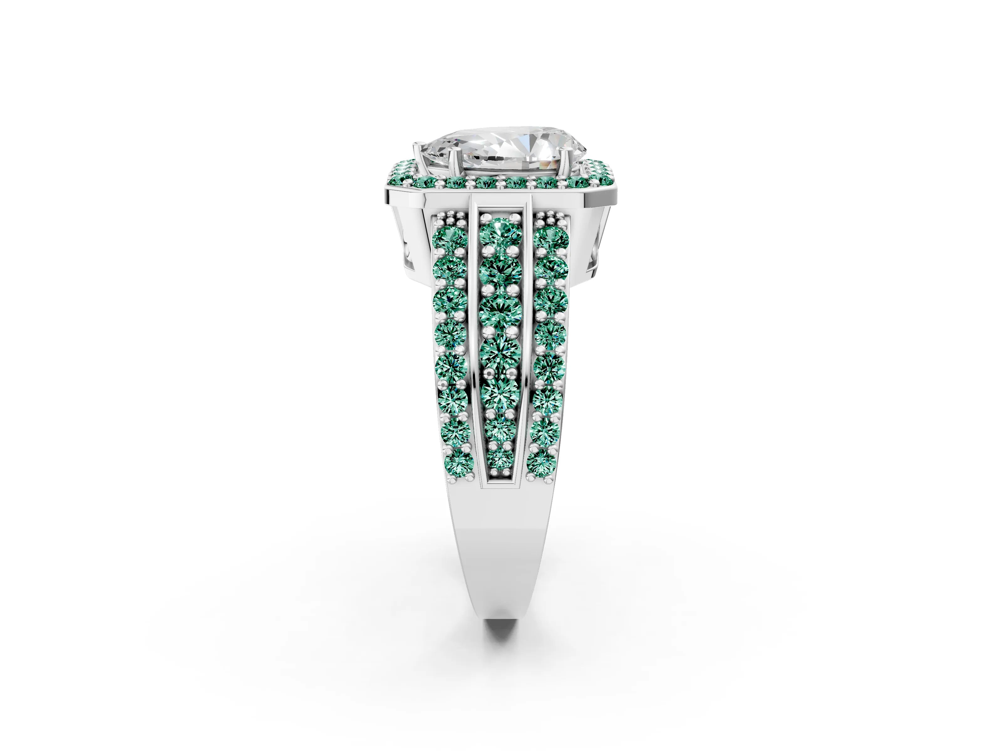 White gold Pear Cut Halo Diamond Ring with Round with Green Sapphire side stone Split Shank and Prong Setting_26