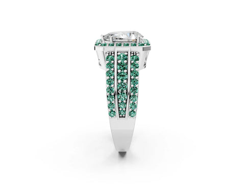White gold Pear Cut Halo Diamond Ring with Round with Green Sapphire side stone Split Shank and Prong Setting_26