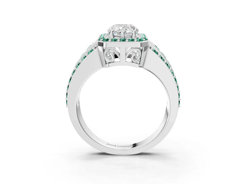 White gold Pear Cut Halo Diamond Ring with Round with Green Sapphire side stone Split Shank and Prong Setting_27
