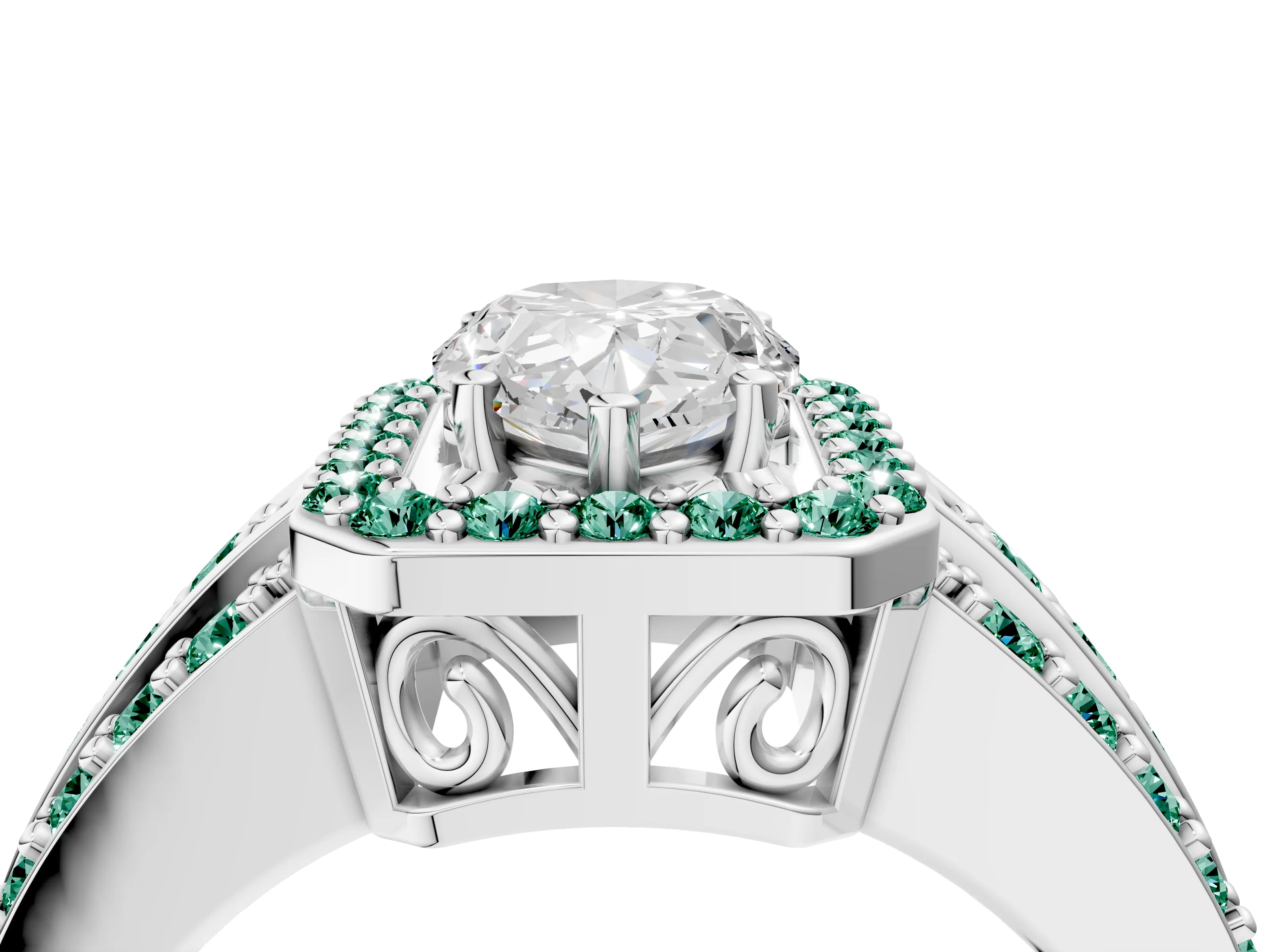 White gold Pear Cut Halo Diamond Ring with Round with Green Sapphire side stone Split Shank and Prong Setting_28
