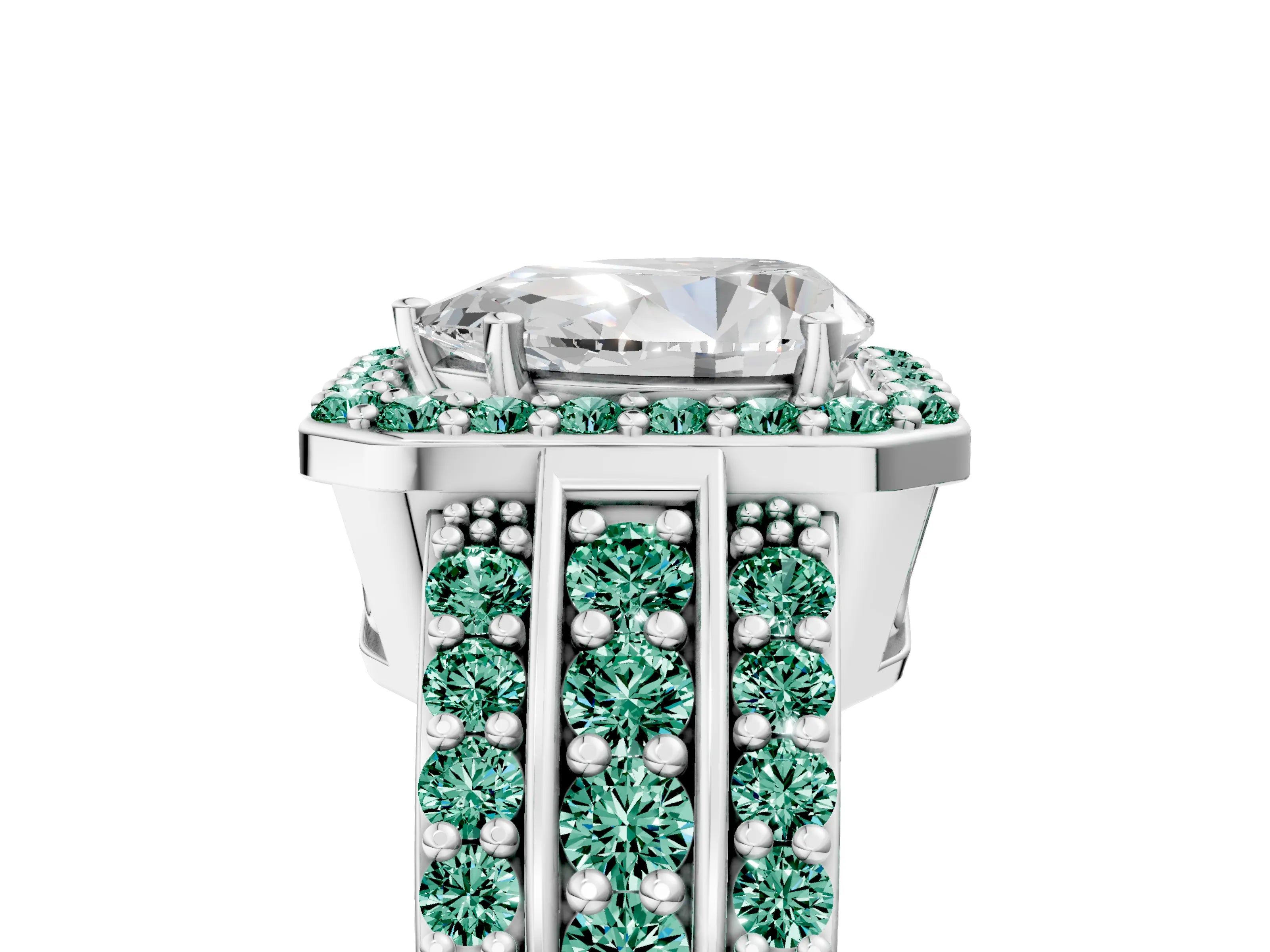 White gold Pear Cut Halo Diamond Ring with Round with Green Sapphire side stone Split Shank and Prong Setting_29