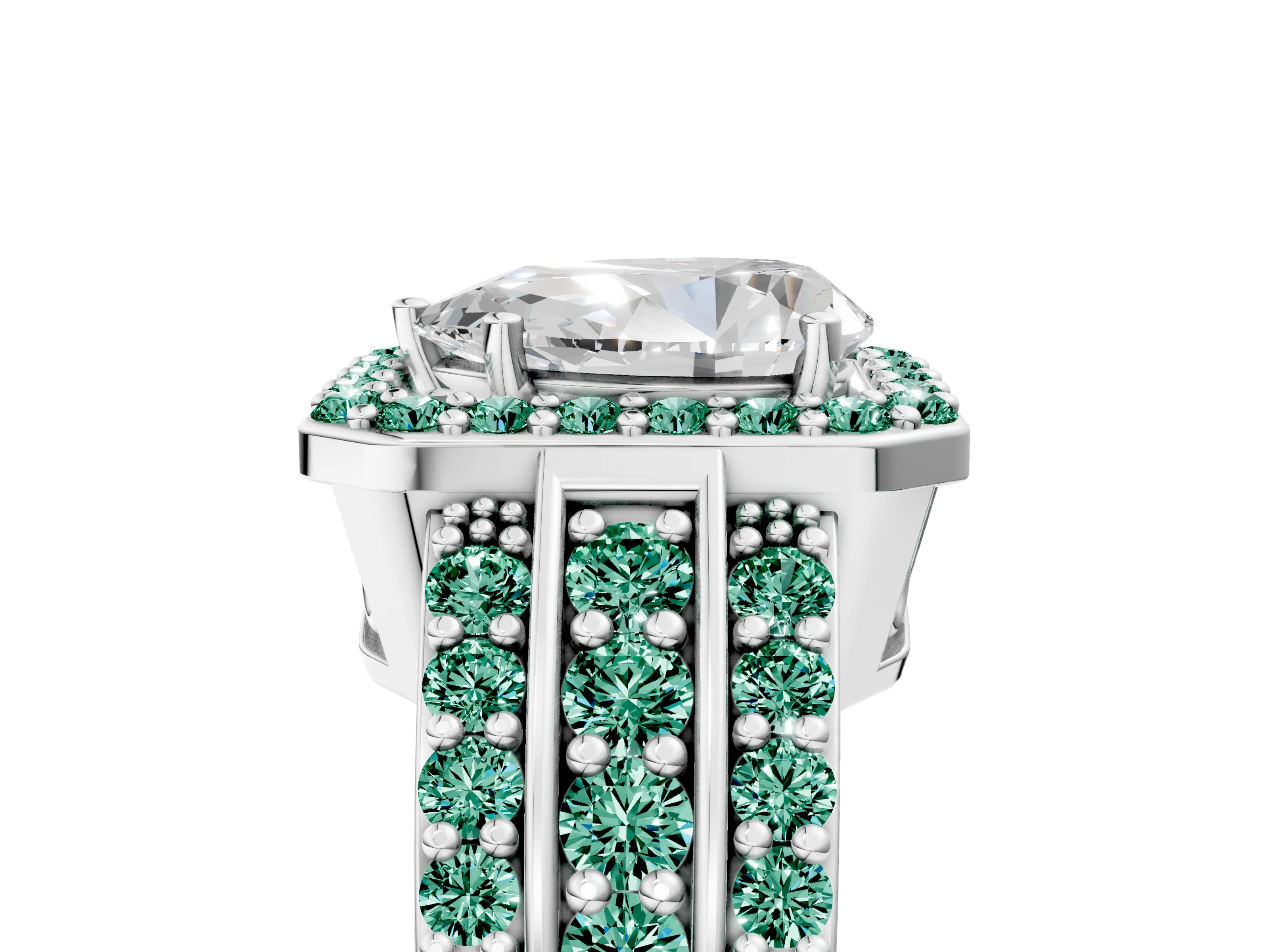 White gold Pear Cut Halo Diamond Ring with Round with Green Sapphire side stone Split Shank and Prong Setting_29