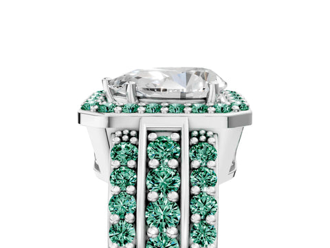 White gold Pear Cut Halo Diamond Ring with Round with Green Sapphire side stone Split Shank and Prong Setting_29