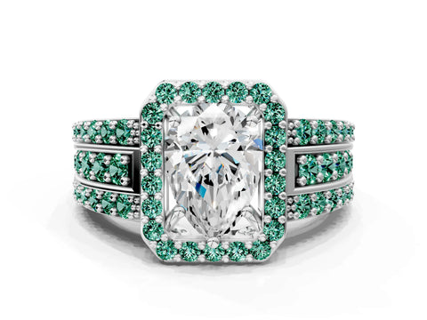 White gold Pear Cut Halo Diamond Ring with Round with Green Sapphire side stone Split Shank and Prong Setting_32