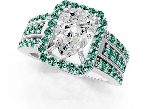 White gold Pear Cut Halo Diamond Ring with Round with Green Sapphire side stone Split Shank and Prong Setting_33