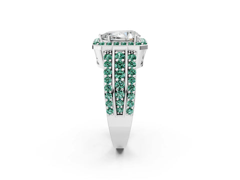 White gold Pear Cut Halo Diamond Ring with Round with Green Sapphire side stone Split Shank and Prong Setting_34