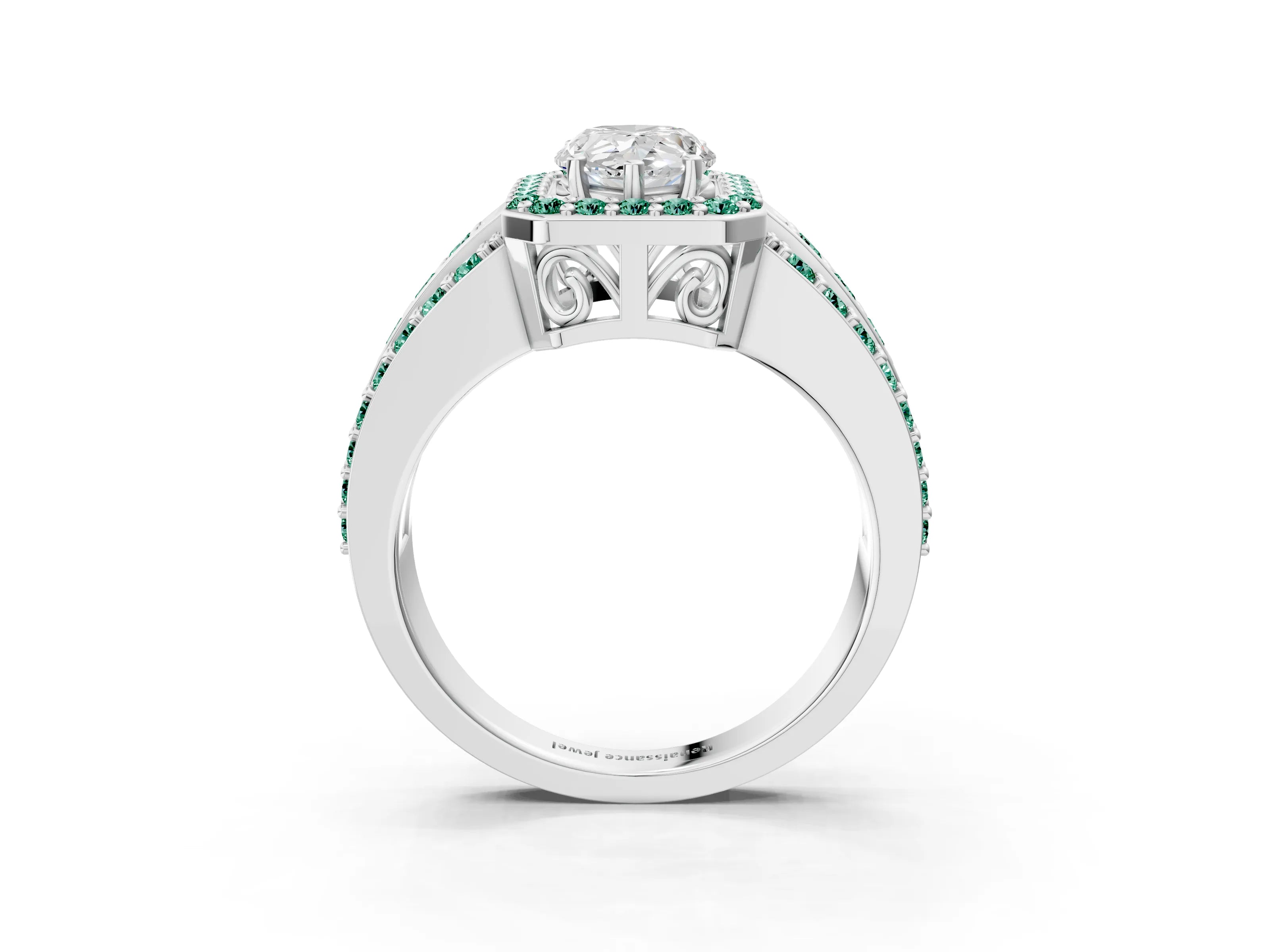 White gold Pear Cut Halo Diamond Ring with Round with Green Sapphire side stone Split Shank and Prong Setting_35