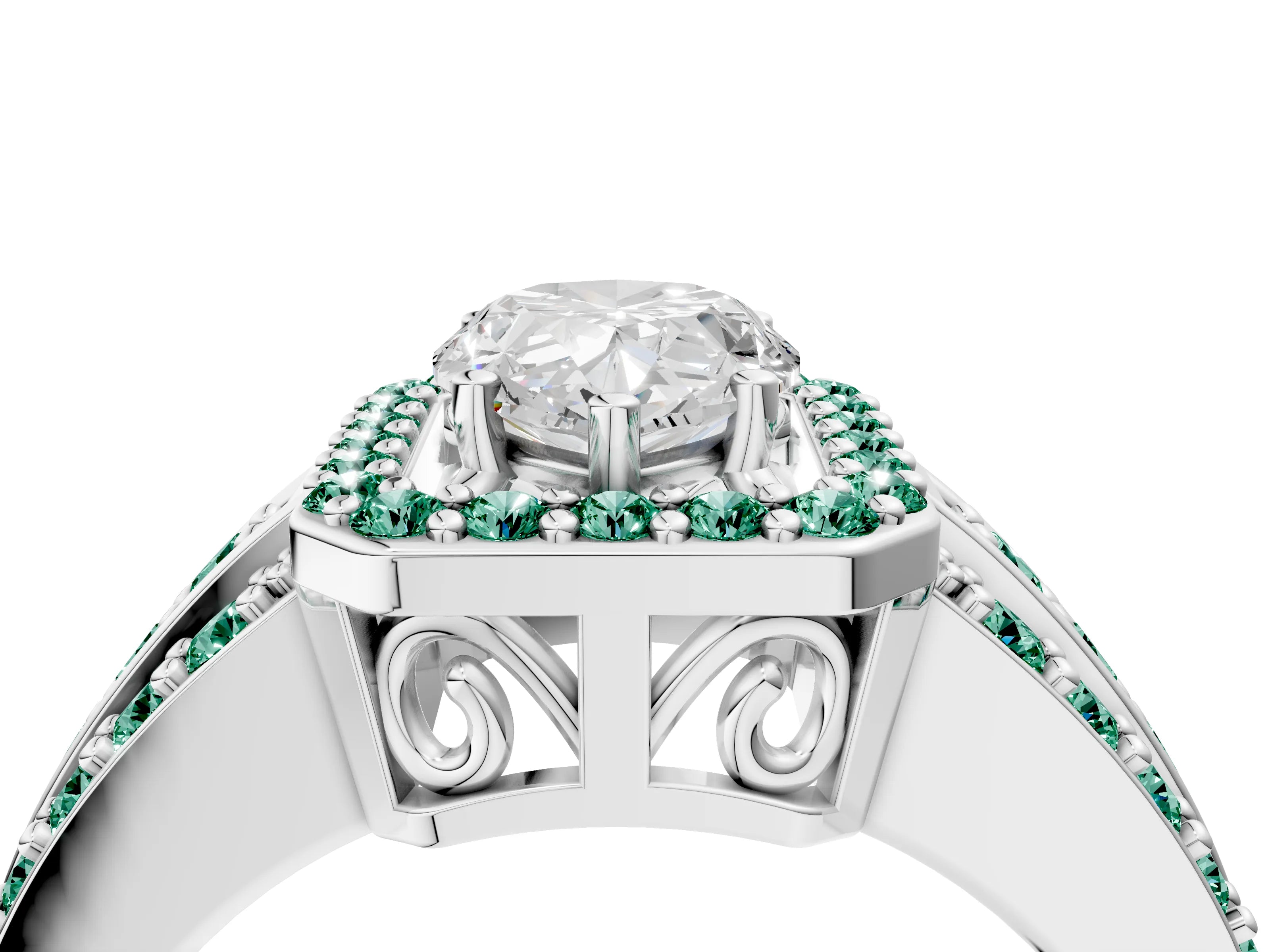 White gold Pear Cut Halo Diamond Ring with Round with Green Sapphire side stone Split Shank and Prong Setting_36