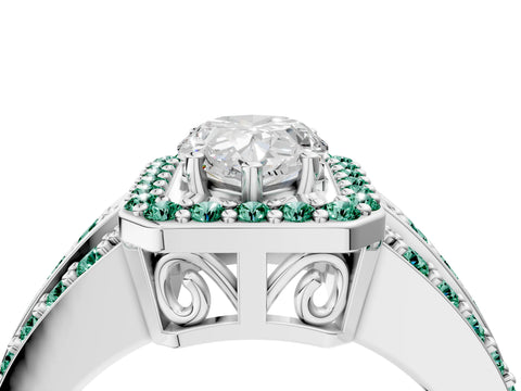 White gold Pear Cut Halo Diamond Ring with Round with Green Sapphire side stone Split Shank and Prong Setting_36