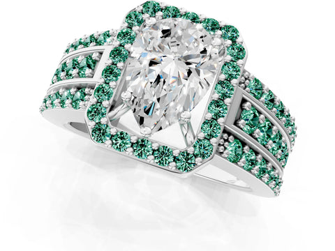 White gold Pear Cut Halo Diamond Ring with Round with Green Sapphire side stone Split Shank and Prong Setting_37