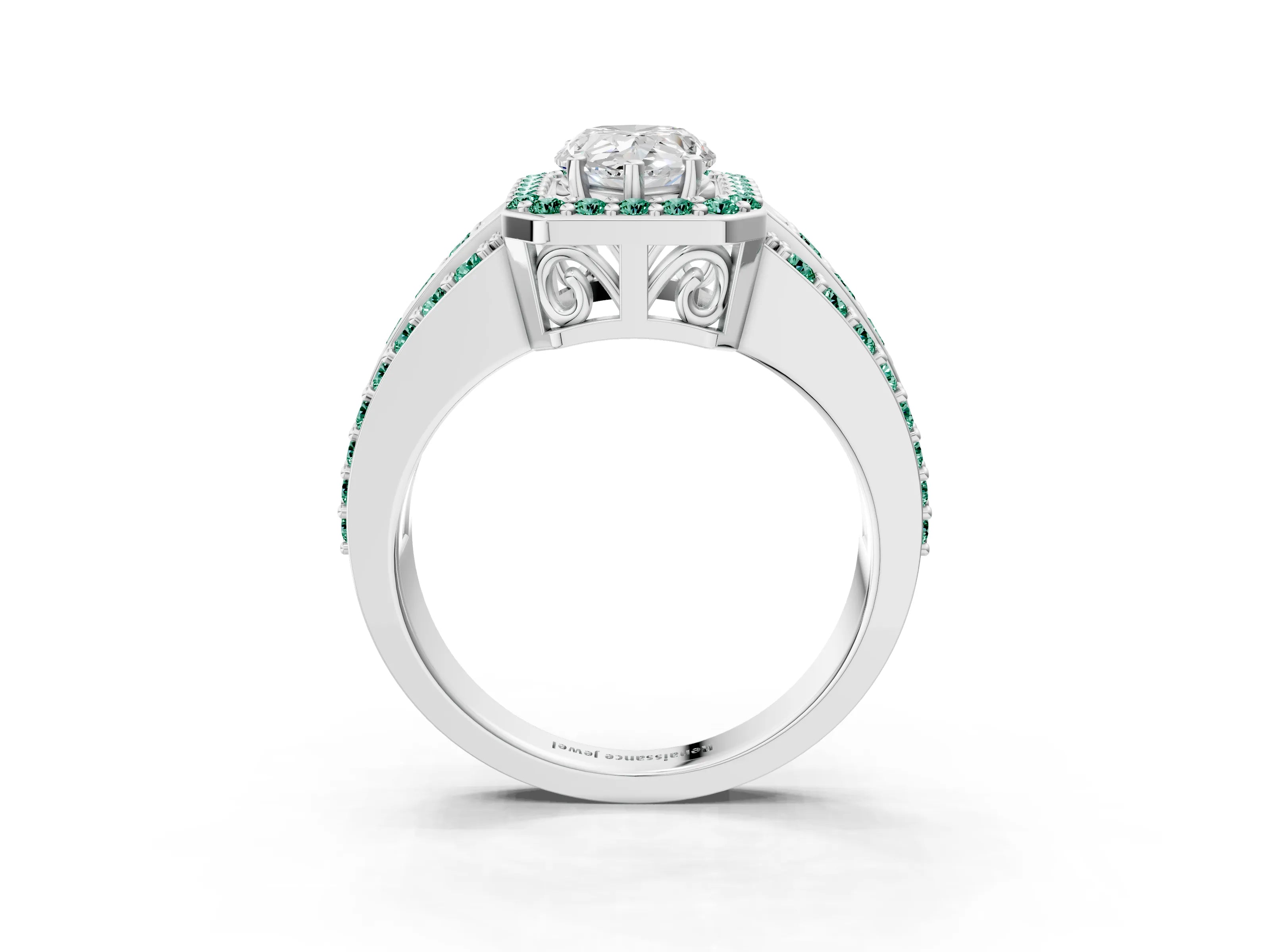 White gold Pear Cut Halo Diamond Ring with Round with Green Sapphire side stone Split Shank and Prong Setting_39