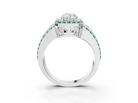 White gold Pear Cut Halo Diamond Ring with Round with Green Sapphire side stone Split Shank and Prong Setting_39