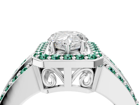 White gold Pear Cut Halo Diamond Ring with Round with Green Sapphire side stone Split Shank and Prong Setting_40
