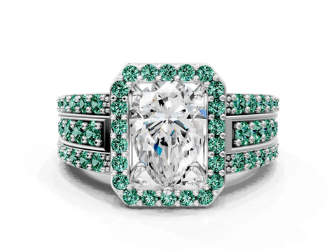 White gold Pear Cut Halo Diamond Ring with Round with Green Sapphire side stone Split Shank and Prong Setting_44