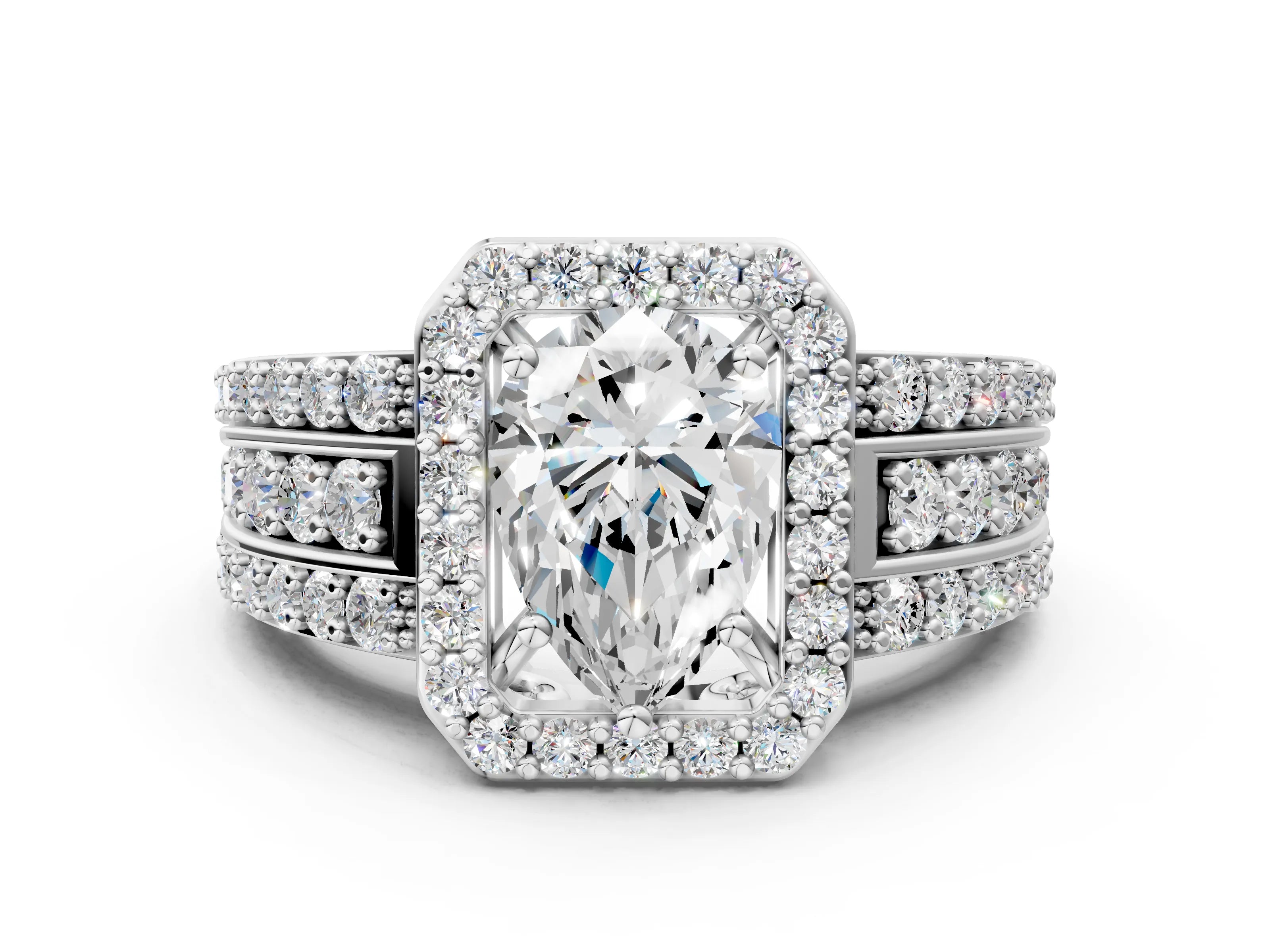 White gold Pear Cut Halo Diamond Ring with Round with Moissanite side stone Split Shank and Prong Setting_24