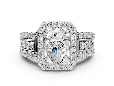 White gold Pear Cut Halo Diamond Ring with Round with Moissanite side stone Split Shank and Prong Setting_24