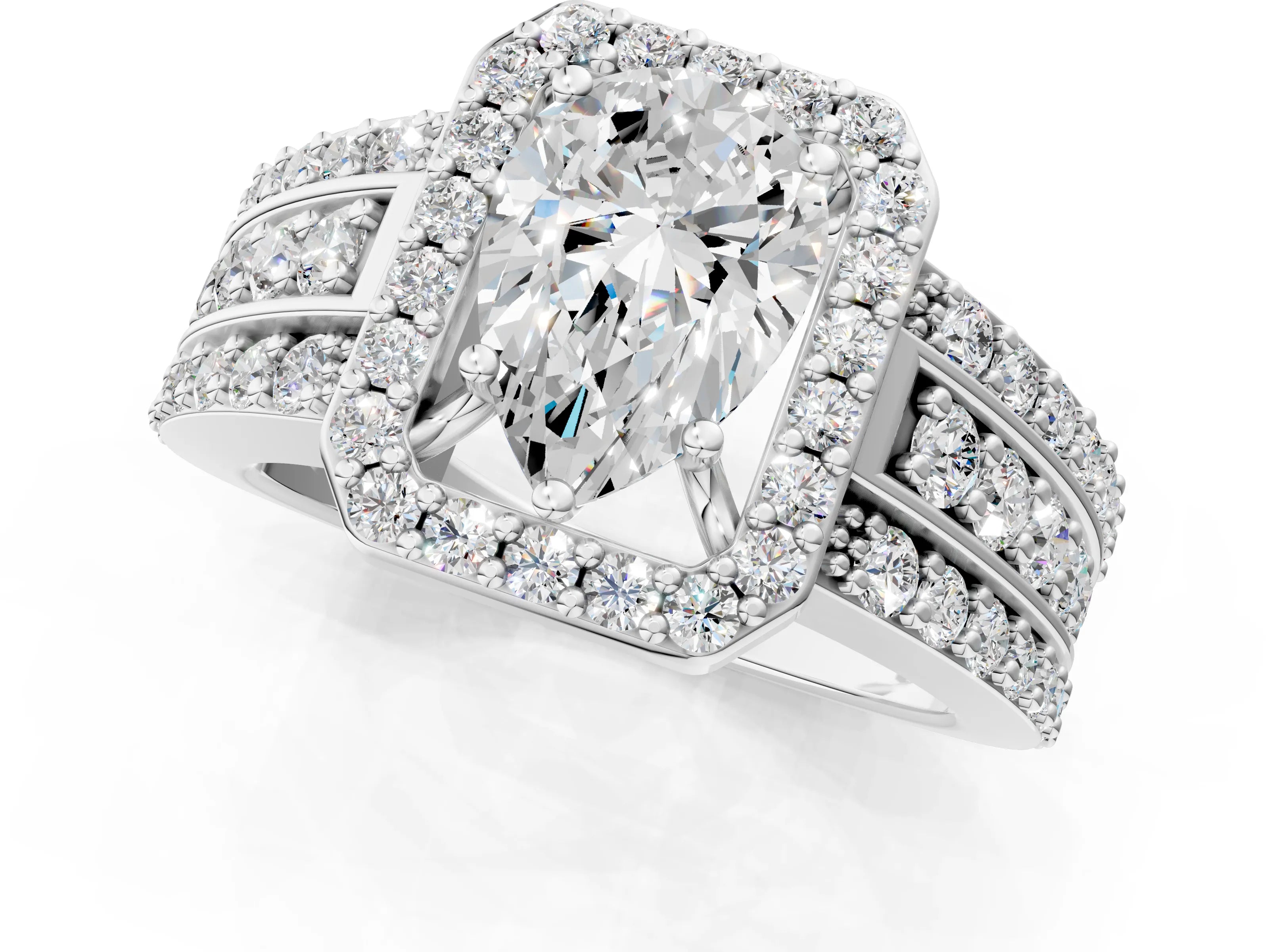 White gold Pear Cut Halo Diamond Ring with Round with Moissanite side stone Split Shank and Prong Setting_25