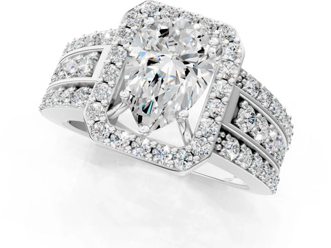 White gold Pear Cut Halo Diamond Ring with Round with Moissanite side stone Split Shank and Prong Setting_25