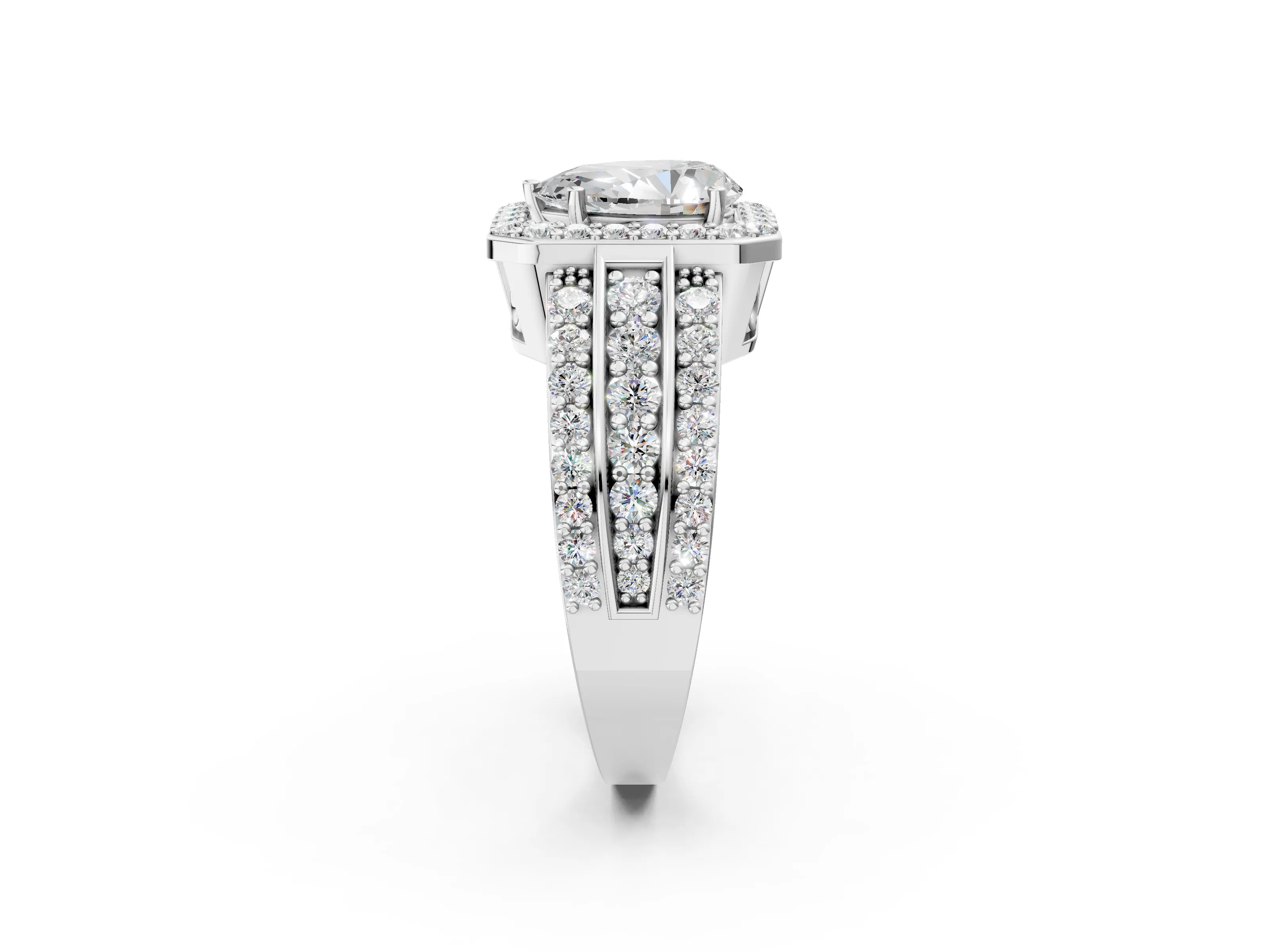 White gold Pear Cut Halo Diamond Ring with Round with Moissanite side stone Split Shank and Prong Setting_26